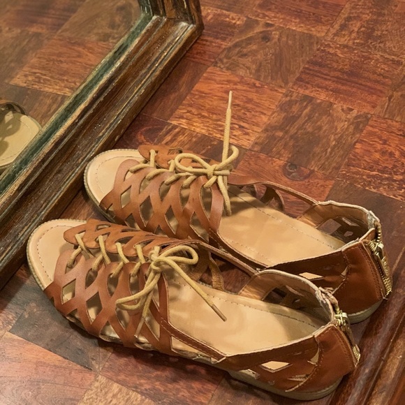 Women Roman Sandals Leather Hollow Out Peep Toe - Picture 2 of 8